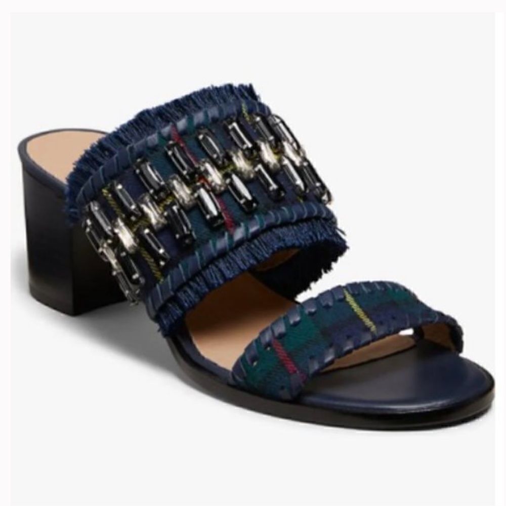 Jack Rogers BEATRIX Bejeweled Navy Plaid Block Heel Slip On Sandals